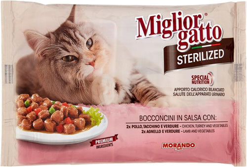 MigliorGatto Sterilized Bocconcini carne in salsa Agnello-Verdura e Pollo Tacchino-Verdure 4 Bustine da 85 Grammi
